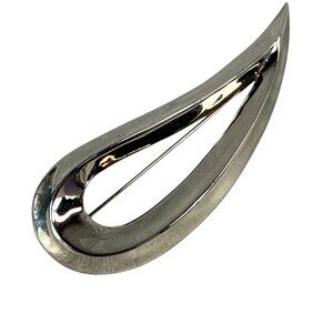Silver Tone Abstract Swoop Teardrop Pin Brooch Vintage Polished Finish Retro MCM